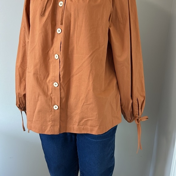 J Crew Tie sleeve button front cotton poplin top Orange Fall Relaxed Sz M NEW - Picture 4 of 13